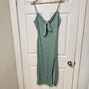 MistyRose Green Floral Spaghetti Strap Midi Dress Size Large Ribbed Front Tie